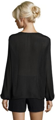Chelsea Flower Black Stretch Woven Embroidery Tie Long Sleeve Blouse