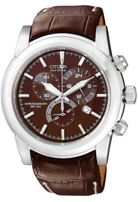 Citizen Mens silver coloured chronograph dial with brown strap watch