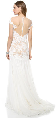 Reem Acra Embroidered Lace Drop Waist Gown
