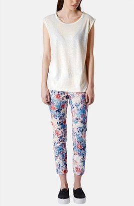 Topshop Moto 'Leigh' Flocked Floral Jeans (Blue Multi)