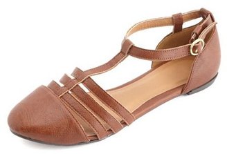 Qupid Cap-Toe T-Strap Flat Sandals