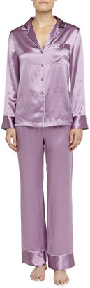 Neiman Marcus Contrast-Trim Silk Pajamas, Purple-Pink/Dove