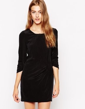 Dress Gallery Long Sleeve Silk Dress with Rouched Detail - Black