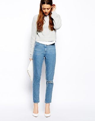 ASOS Farleigh High Waist Slim Mom Jeans in Rosebowl Mid Wash Blue with Ripped Knee