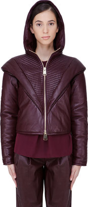 Hakaan Burgundy Hooded Leather Bess Puffer Jacket