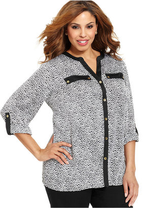 Jones New York Collection Plus Size Long-Sleeve Printed Utility Blouse