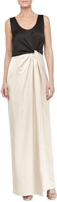 Halston Satin Combo Twist-Front Gown, Black/Champagne