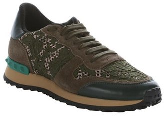 Valentino green leather and macramé lace studded sneakers