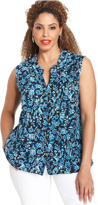 Jones New York Collection Plus Size Sleeveless Floral-Print Ruffled Blouse