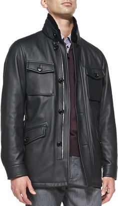 Ermenegildo Zegna rmenegildo Zegn Deerskin Leather Safari Jacket with Fur Collar, Navy