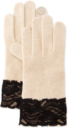Portolano Cashmere-Blend Lace-Cuffed Tech Gloves, Oatmeal/Black