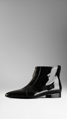 Burberry Polished Leather Zip Detail Ankle Boots