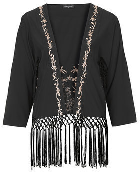 Topshop Womens Embroidered Fringe Kimono - Black