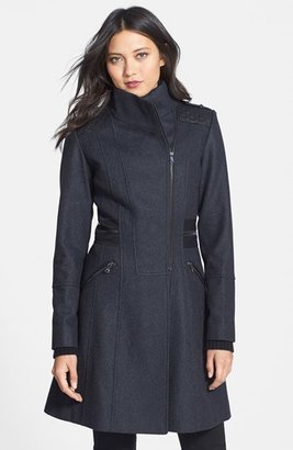 GUESS Faux Leather Trim Stand Collar Wool Blend Coat