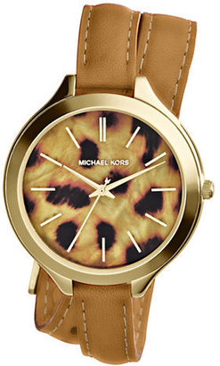 KORS MICHAEL Gold Tone Slim Runway Double Wrap Watch with Cheetah Print Acetate Dial