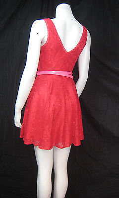 Express Red Lace Double V-neck w/Pink Belt Fit Flair Skater Dress Size 8 NEW $88