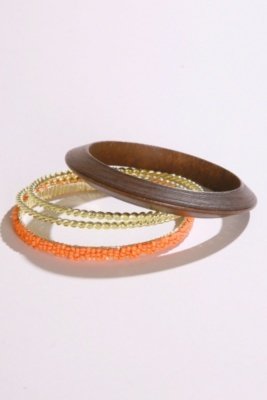 Orange Bead Wood and Gold Twist Bangle Bracelet 4-Pack