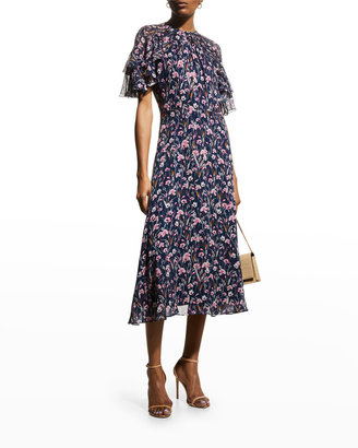 Rickie Freeman For Teri Jon Floral-Print Flutter-Sleeve Chiffon Dress