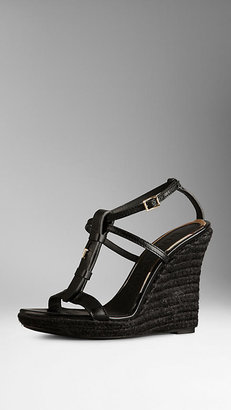 Burberry Notch Detail Bridle Leather Espadrille Wedges