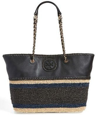 Tory Burch 'Marion' Leather and Crocheted Straw Tote
