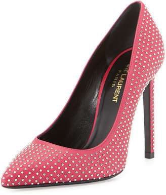 Saint Laurent Studded Pointed-Toe Pump, Pink/Silver