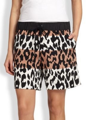 Stretch Silk Colorblock Leopard-Print Shorts