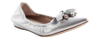 Miu Miu Silver Leather Jewel Detail Ballet Flats