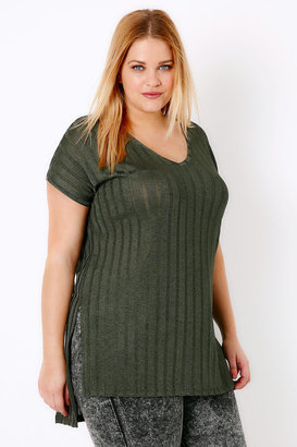 Yours Clothing Khaki Ribbed Slinky V-Neck Top With Dipped Hem & Side Splits