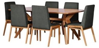 Baker Furniture Oak finished 'Smithfield' fixed top dining table and 6 grey upholstered chairs