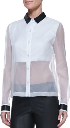 Robert Rodriguez Leather-Collar Sheer/Solid Organza Blouse