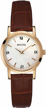 Bulova Womens Diamond-Accent Brown Leather Strap Watch 97P105