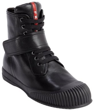 Prada black leather side zip fastening tape strap high top sneakers