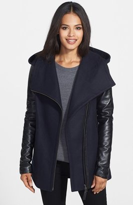 Mackage 'Odelia' Leather Sleeve Hooded Wool Blend Coat