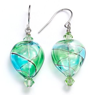 Glass Heart Sterling Silver Crystal Swirl Artisan Drop Earrings