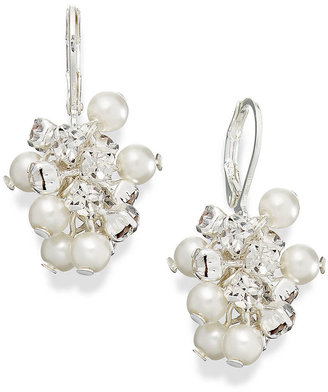 Charter Club Silver-Tone Glass Pearl Clear Crystal Cluster Drop Earrings