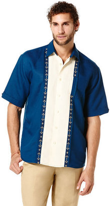 Cubavera Linen Rayon Wide Contrast Center Panel Shirt with Ornamental Embroidery