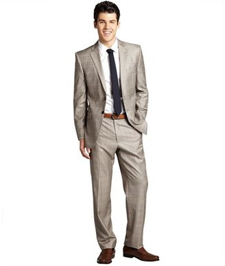 Joseph Abboud dark brown plaid wool two-button suit with flat front pants