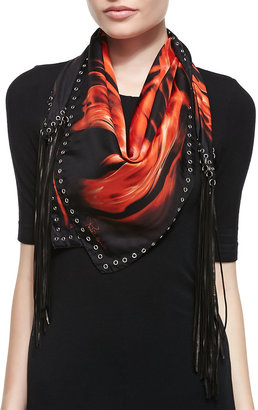 Roberto Cavalli Printed Silk Twill Scarf with Leather Fringe, Fire Red