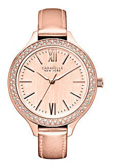 Bulova Caravelle by Caravelle® by Women's Crystal Rose Goldtone Metallic Leather Strap Watch with Champagne Dial
