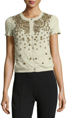 Valentino Cashmere-Blend Flower-Beaded Tulle Knit Cardigan, Green