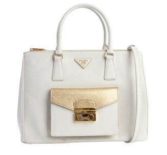 Prada ivory and gold saffiano leather front pocket convertible tote