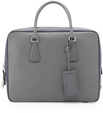 Prada Saffiano Bicolor Zip-Around Briefcase, Gray/Blue