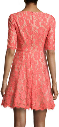 Monique Lhuillier ML Half-Sleeve Fit-and-Flare Lace Dress, Coral