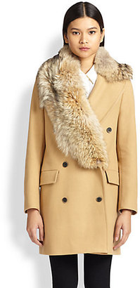MSGM Coyote Fur-Trimmed Double-Breasted Coat