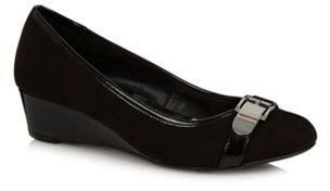 The Collection Black buckle trim wider fit mid wedge court shoes