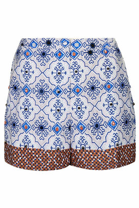 Topshop Premium beaded tile print shorts in white and blue. 100% polyester. machine washable.