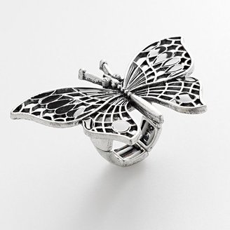Mudd® silver tone simulated crystal openwork butterfly stretch ring