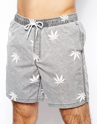 ASOS Swim Shorts With Leaf Print In Mid Length - Grey