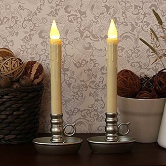 Set of 2 Classic Flameless Ivory Drip Taper LED Candles with Pewter Finish Candlesticks with Holder and Auto Timer - Batteries IncludedÉ