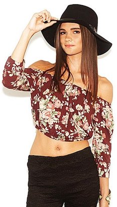West Coast Wardrobe Mon Cherie Off the Shoulder L/S Button Up Floral Crop Top in Wine